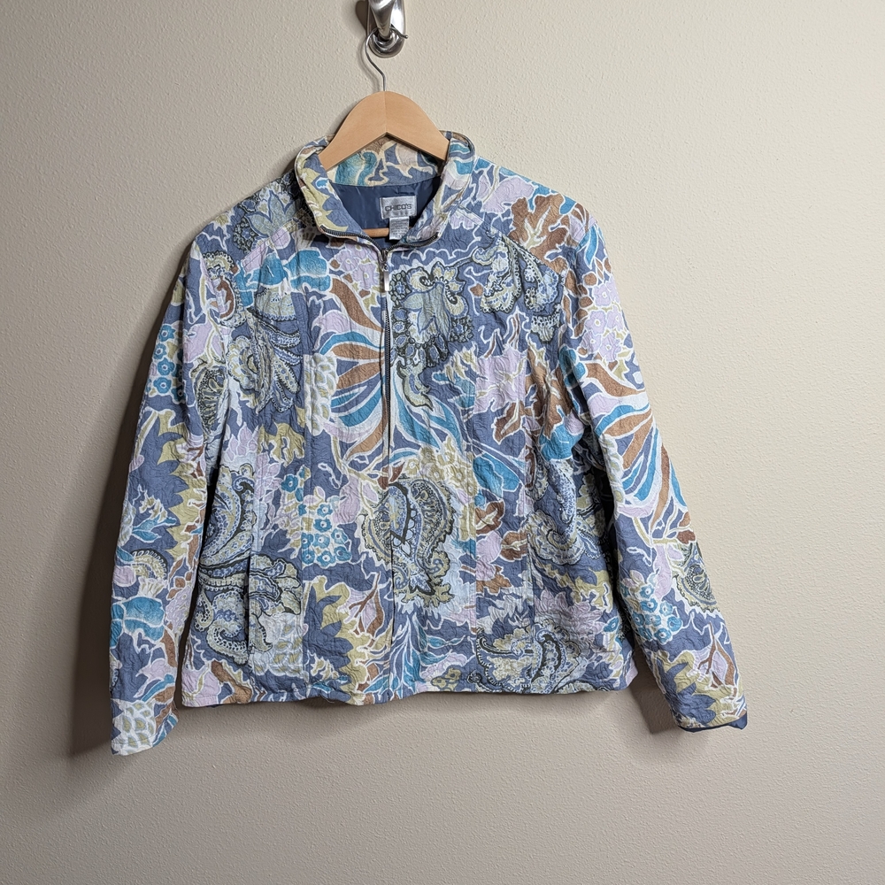 Chico's Size 3 (XL) Paisley Floral Quilted Zip Jacketâ Blue Teal Lavender Cotton